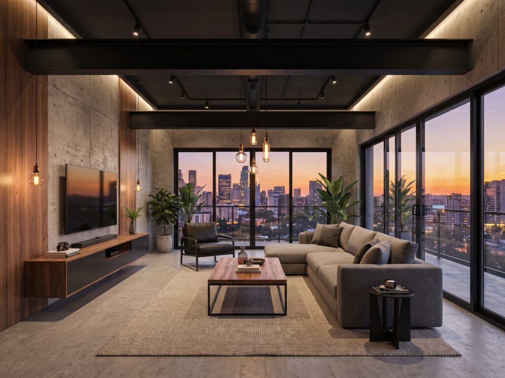 Living room interior concrete walls 202607081424